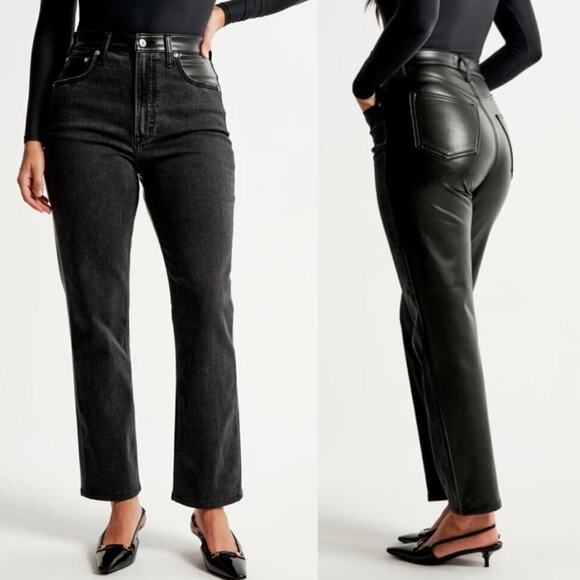 Abercrombie & Fitch Denim - Abercrombie 90s Straight Faux Leather Jeans Women 26 Short Ultra High Rise Black
